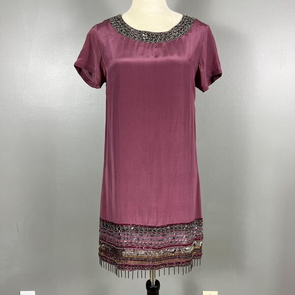 Nicole Miller Artelier Silk Shift Mini Dress M Beaded Retro Indie Maximalist Y2K - Picture 1 of 13